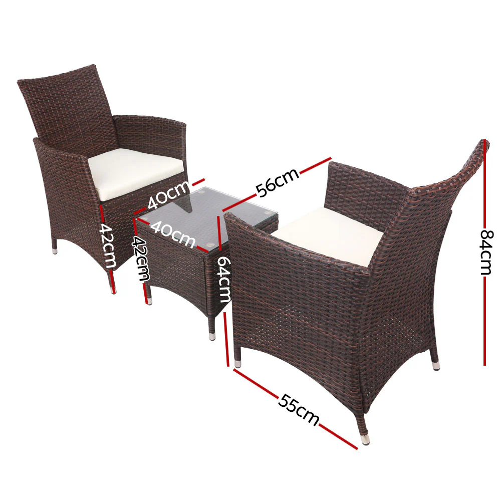 Noah 2-Seater Wicker Furniture 3-Piece Outdoor Setting - Brown - Nurns