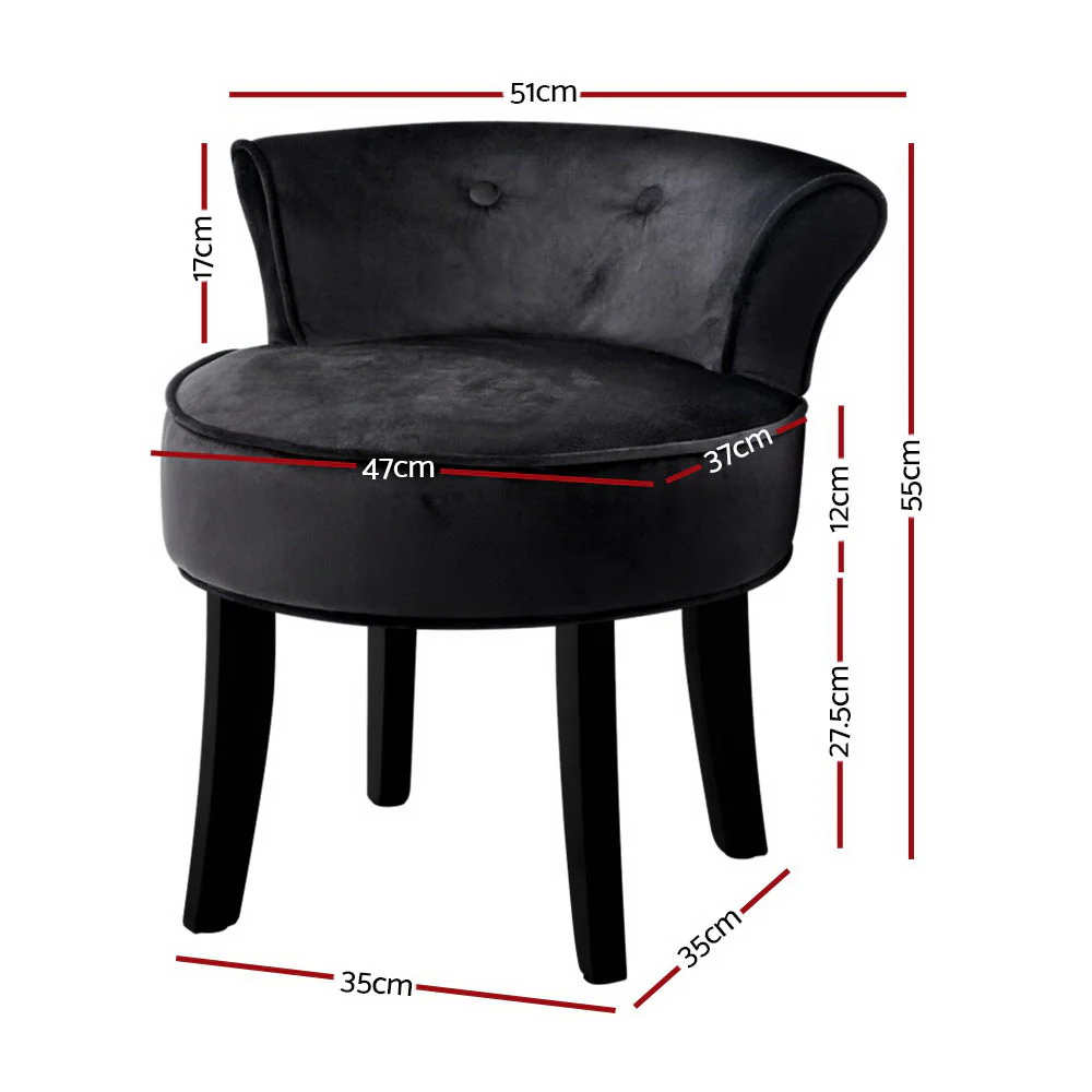 Velvet Vanity Stool Backrest Stools Dressing Table Chair Makeup Bedroom Black - Nurns