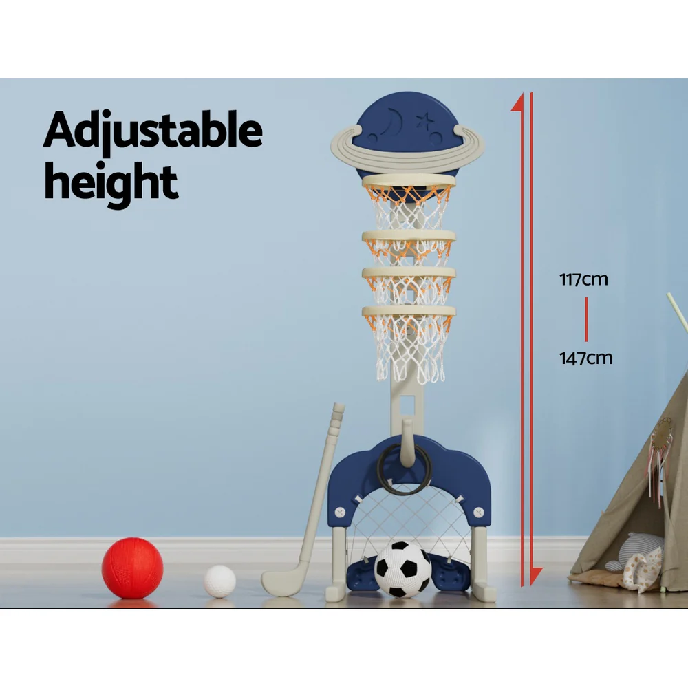 Keezi Kids Basketball Hoop Stand Adjustable 6-in-1 Sports Centre Toys Set Blue - Nurns