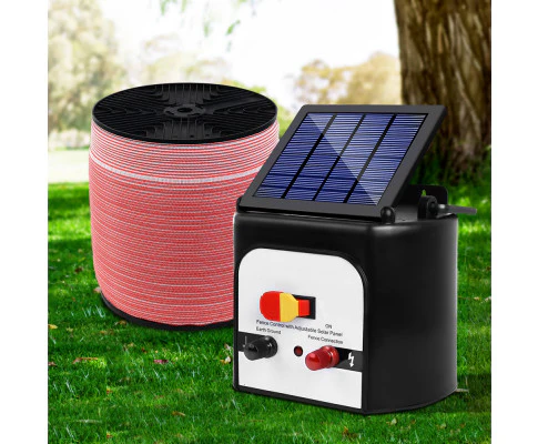 Electric Fence Energiser 8km Solar Powered Energizer Charger + 1200m Tape - Nurns