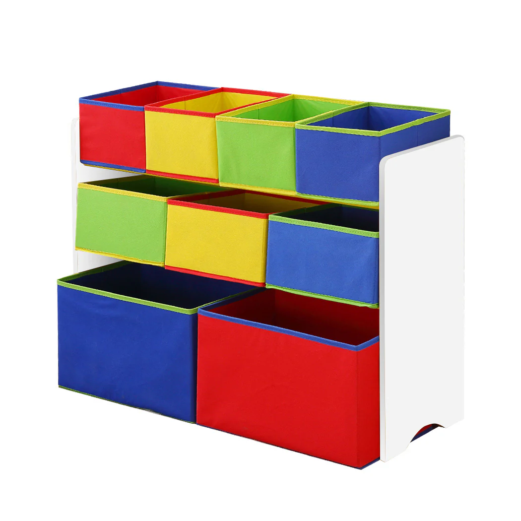 Kids Toy Box 9 Bins Storage Rack Organiser Wooden Bookcase 3 Tier White - Nurns