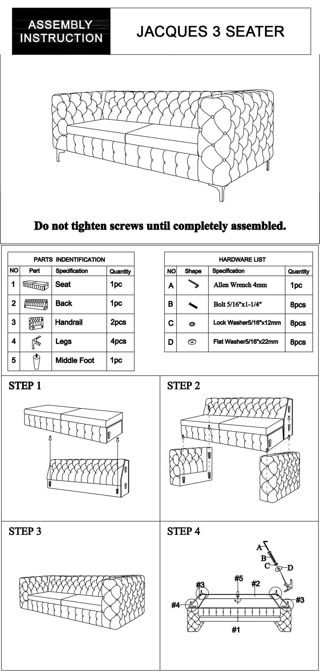 Mourd 3-Seater Sofa Classic Button Tufted Lounge Velvet Fabric with Metal Legs - Black - Nurns