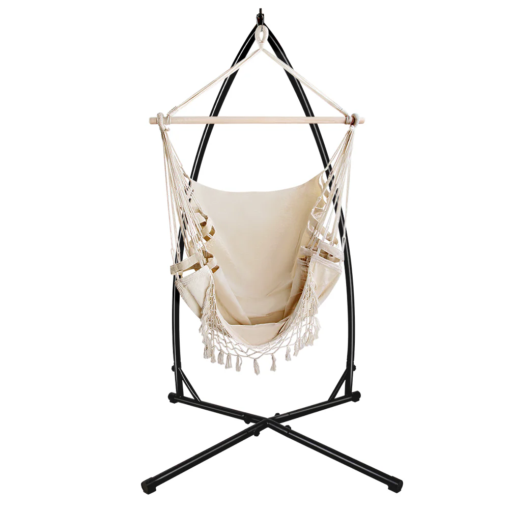Hammock Chair with Steel Stand Hanging Outdoor Tassel - Cream - Nurns