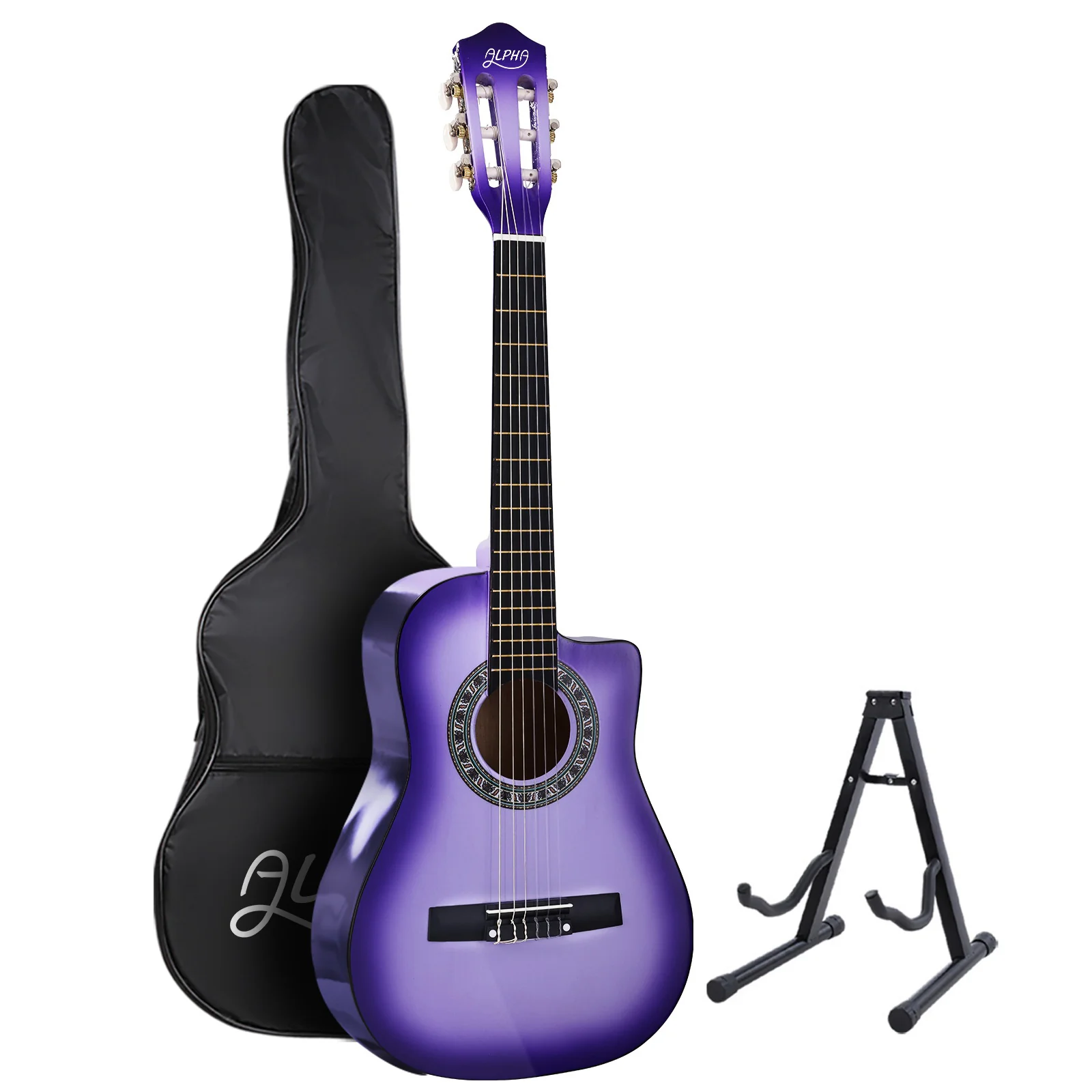 Alpha 34 Inch Classical Guitar Wooden Body Nylon String w/ Stand Beginner Purple - Nurns