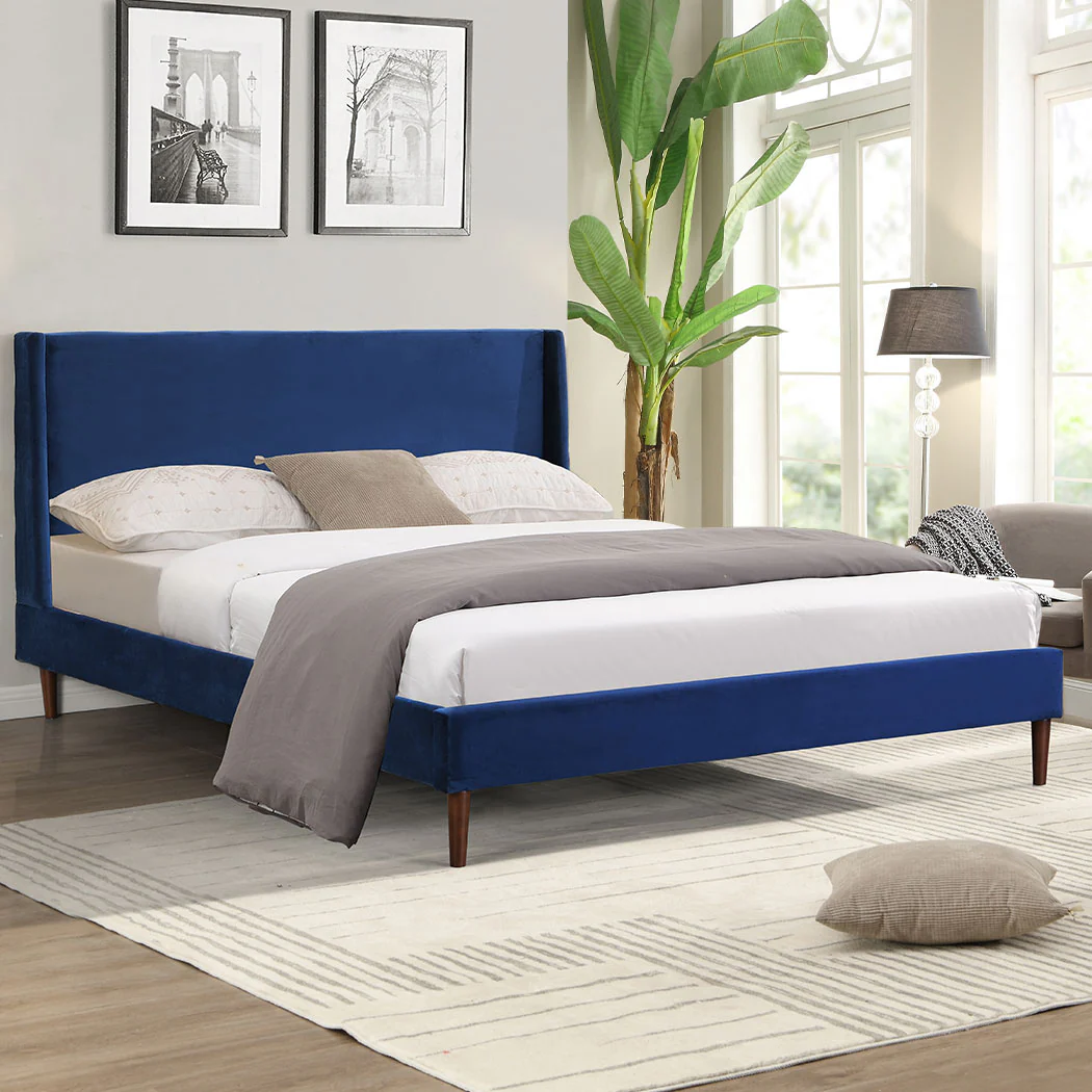 Erin Velvet Headboard Wooden Bed Frame - Blue Double - Nurns