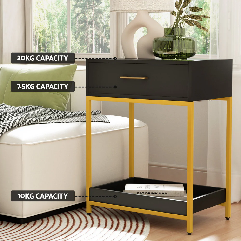 Calgary Wooden Bedside Tables Side Table Shelf Bedroom Furniture Nightstand - Black - Nurns