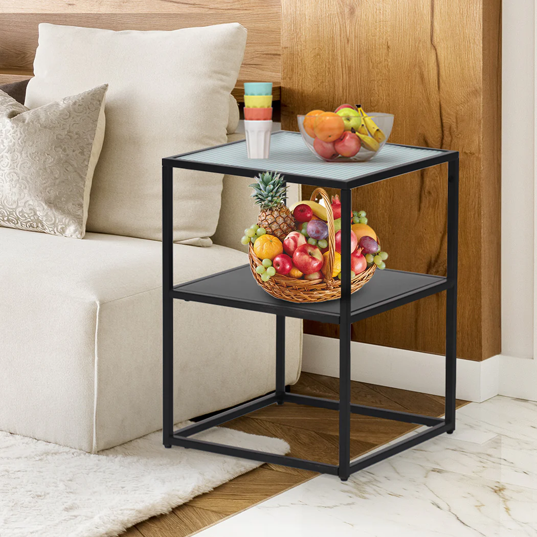 Ileana 2-Tier Side Open Design Steel Home Shelf Safety Glass End Table - Black - Nurns