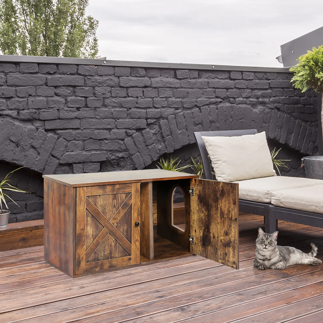 Enclosed Hooded Cat Litter Box Furniture Kitty Toilet Tray Pet House Table - Brown - Nurns