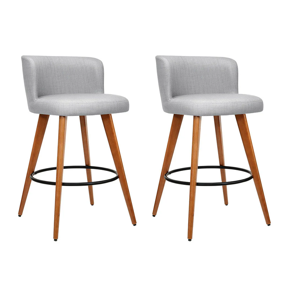 Set of 2 Arta Wooden Fabric Bar Stools Circular Footrest - Light Grey - Nurns