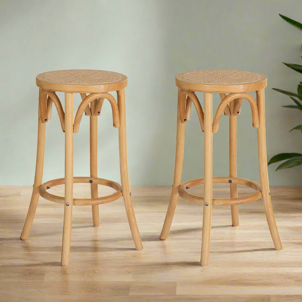Set of 2 Giza Bar Stools Wooden Stool Counter Chair Kitchen Barstools Rattan Seat - Wood - Nurns