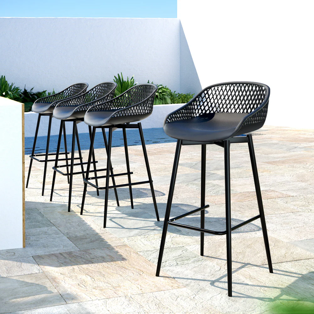 Fica Set of 4 Outdoor Bar Stools Plastic Metal Bistro Patio Dining Chair Balcony - Black - Nurns