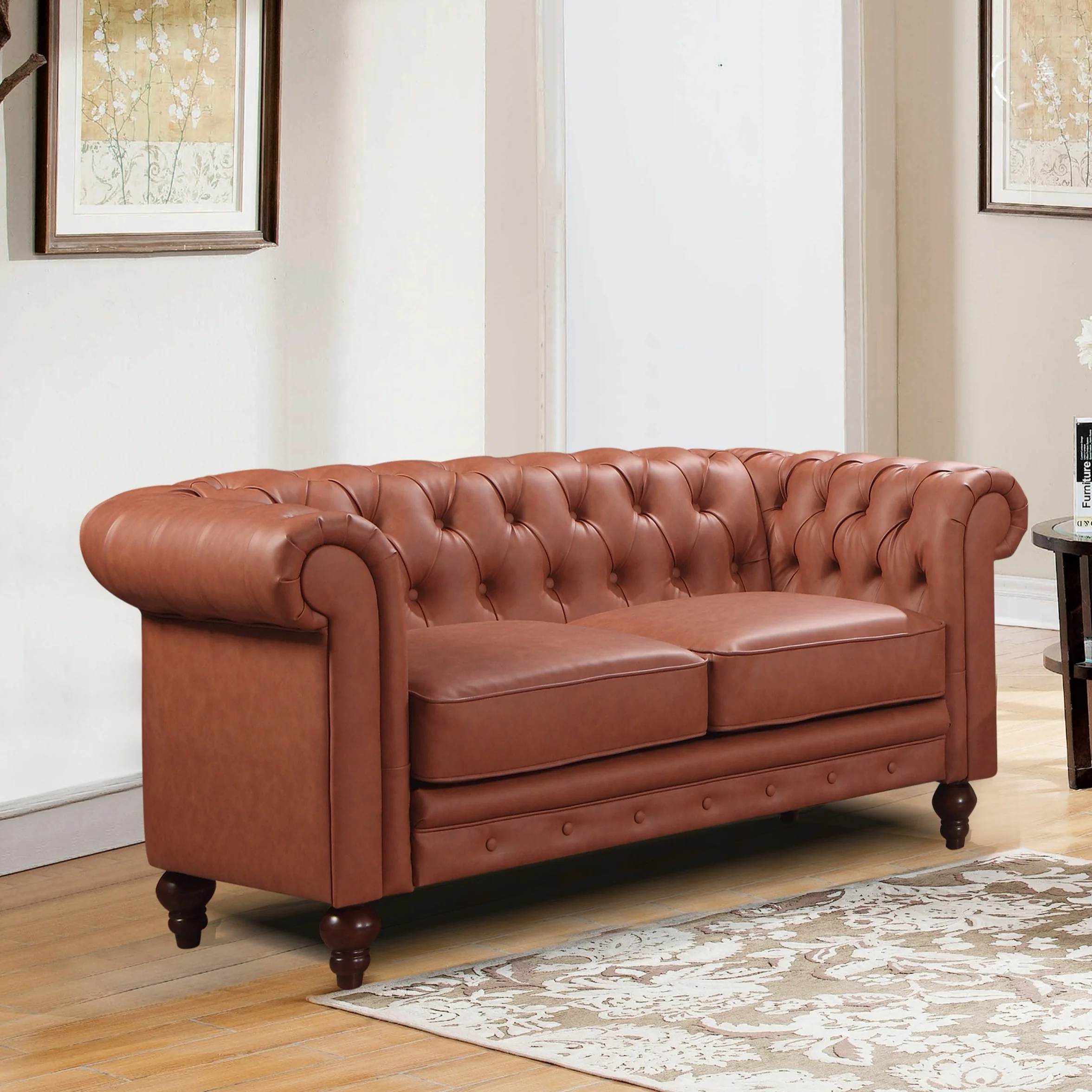 Mabel 2-Seater Sofa Lounge Button Tufted in Faux Leather - Brown - Nurns
