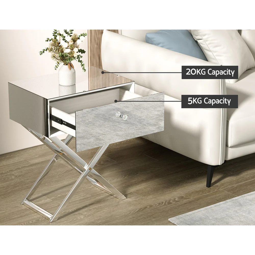 Surrey Mirrored Bedside Tables Side End Table Drawers Nightstand Bedroom - Silver - Nurns