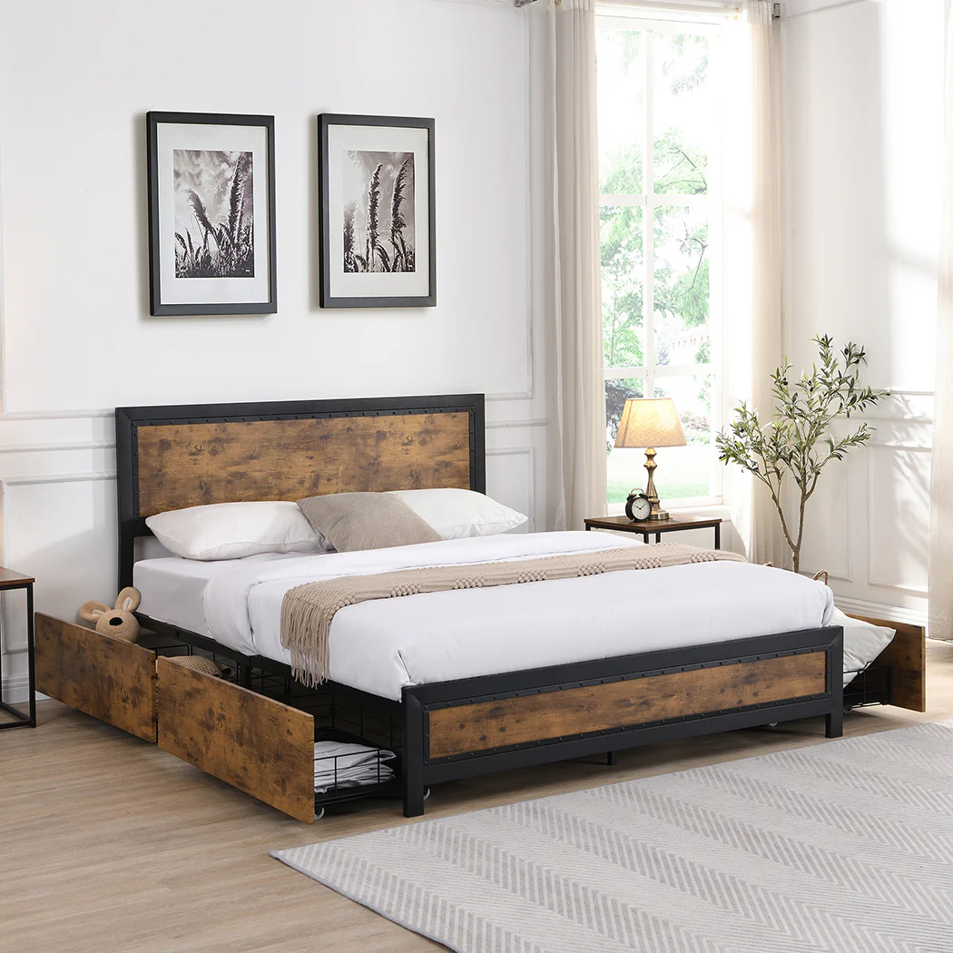 Mara Metal Bed Frame Platform Wooden with 4 Drawers Rustic - Black & Wood Double - Nurns