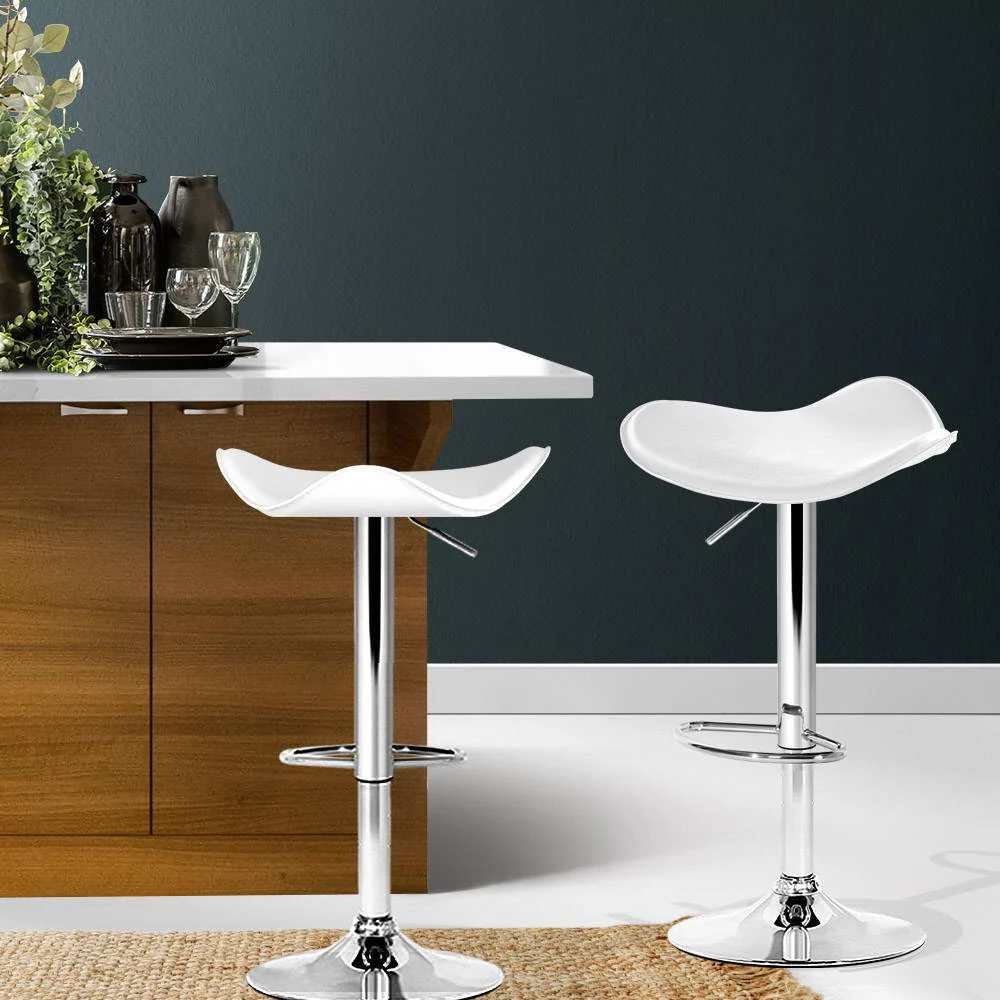 Set of 2 Marbella Gas Lift Bar Stools PU Leather - White & Chrome - Nurns