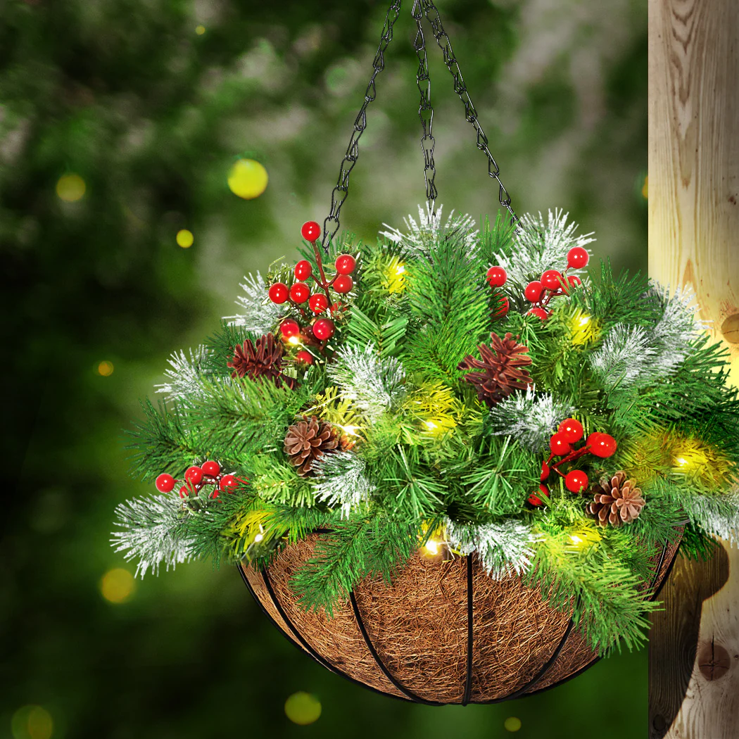 Christmas Hanging Basket Ornaments LED Lights Home Garden Decor 30cm - Nurns