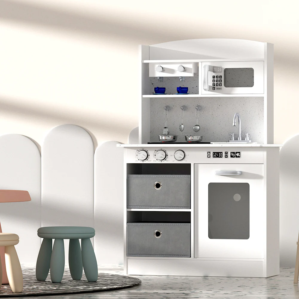 Kids Kitchen with Coffee Set Pretend Play Wooden Toys Cooking Cookware Childrens Toy - Nurns