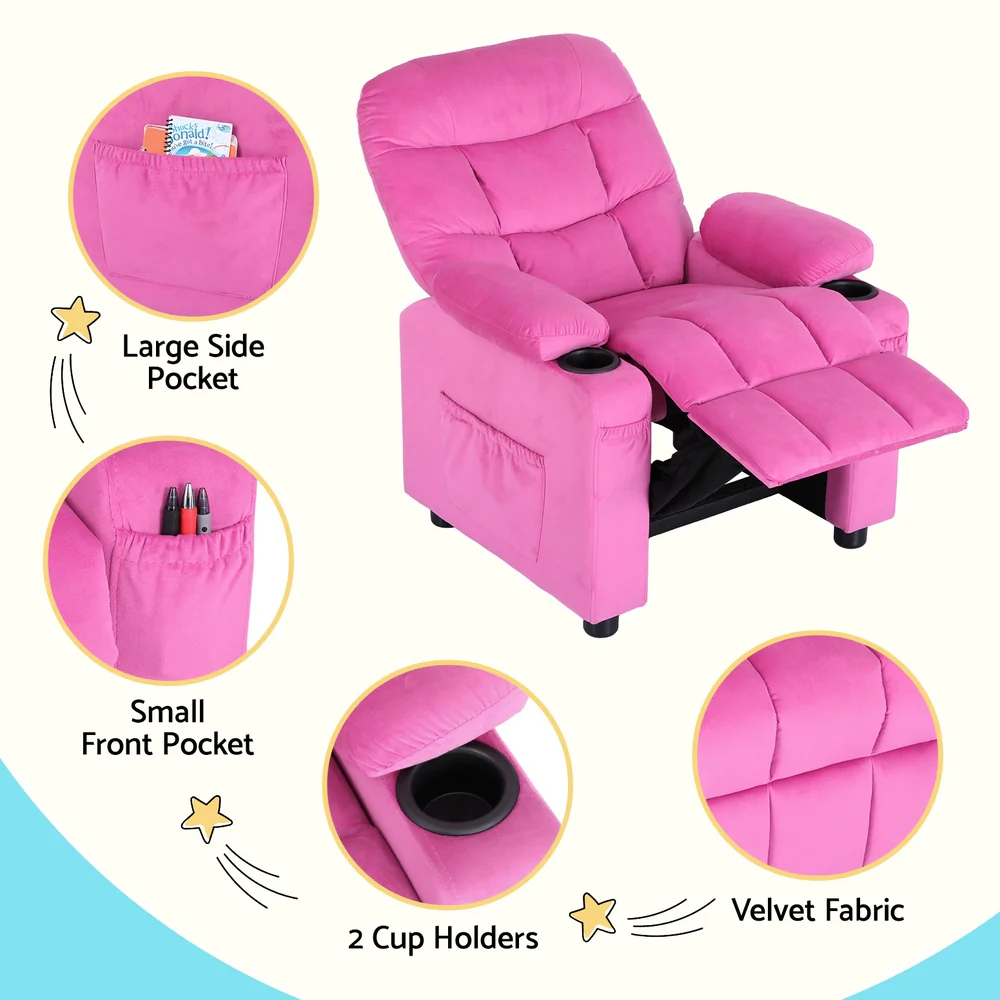 Pippa Kids Recliner Chair Velvet Sofa Lounge Couch Children Chairs Armchair - Pink - Nurns