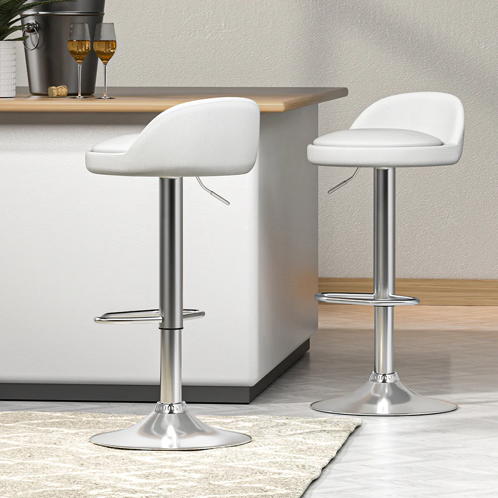 Set of 2 Hobart Bar Stools Kitchen Stool Chairs Dining Gas Lift Swivel Leather - White - Nurns
