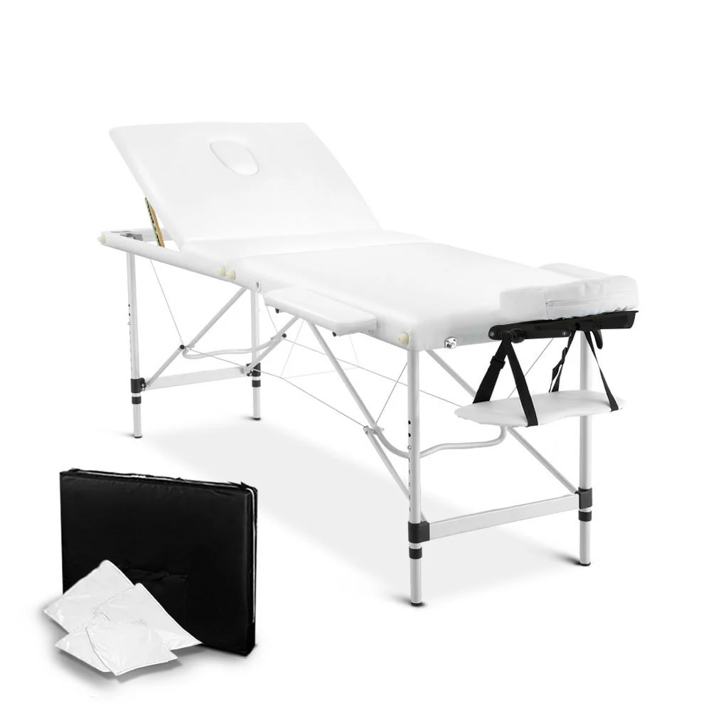 Massage Table 75cm 3 Fold Aluminium Beauty Bed Portable Therapy White - Nurns