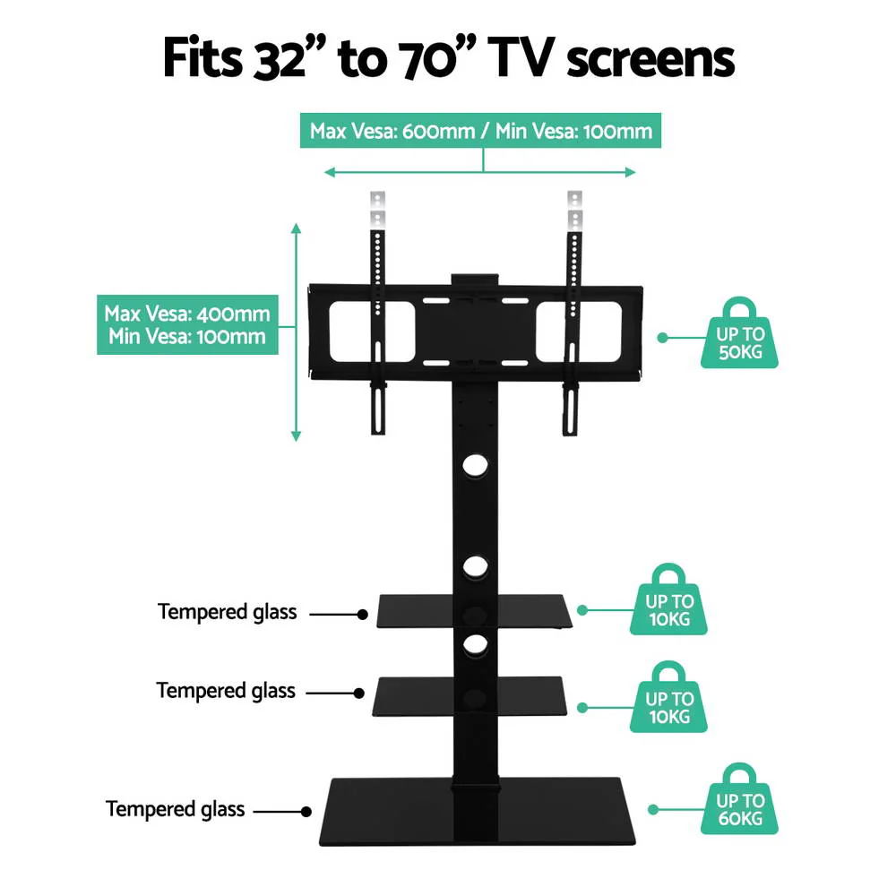 Floor TV Stand Bracket Mount Swivel Height Adjustable 32 to 70 Inch Black - Nurns