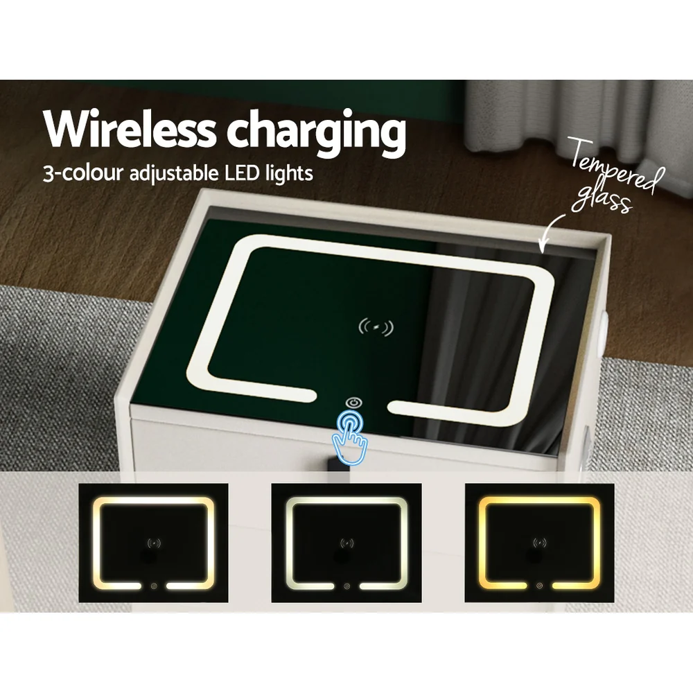 Brooks LED Bedside Tables Smart with Wireless Charging Ports with 2 Drawers - White - Nurns