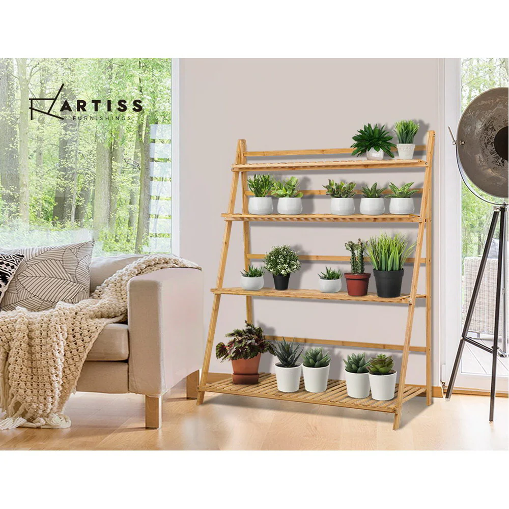 Bamboo Wooden Ladder Shelf Plant Stand Foldable - Nurns