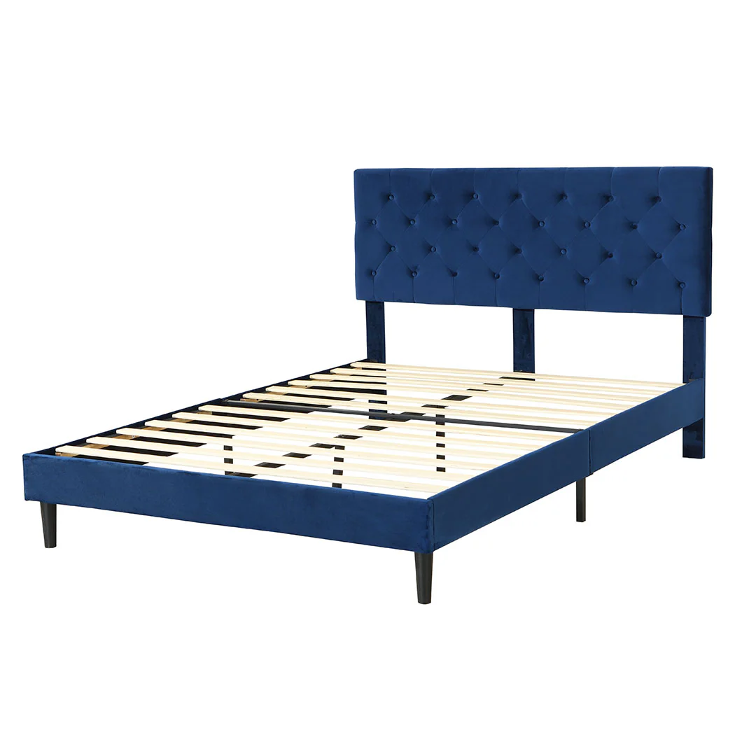 Assen Bed Frame Base Platform Wooden Velvet with Headboard Blue - Queen - Nurns