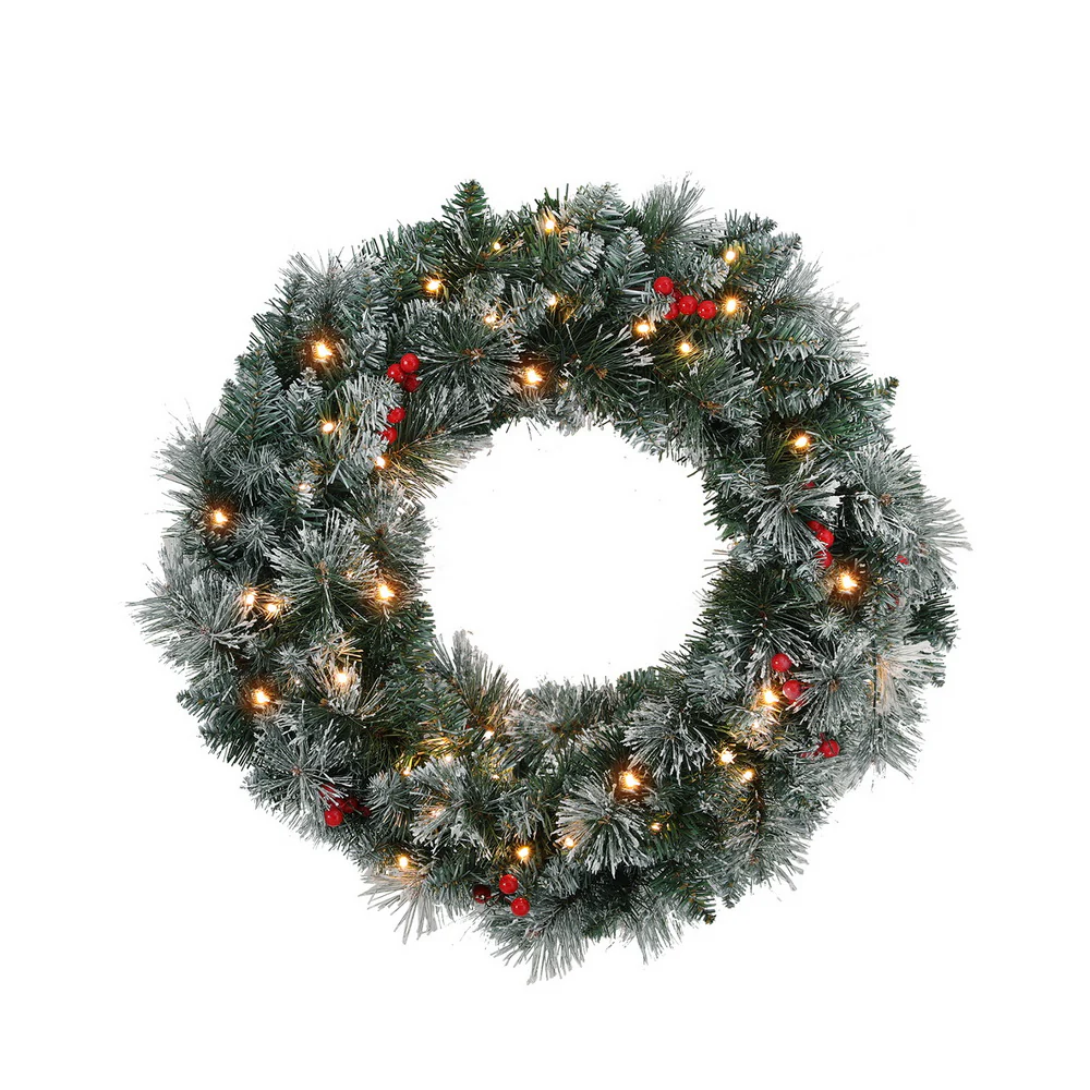 60cm Christmas Wreath LED Lights Snowy Berries Garland Party Decor - Nurns