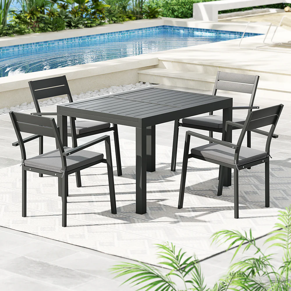 Tanner 4-Seater Aluminium Extension Table Chairs Lounge 5-Piece Outdoor Dining Set - Black - Nurns