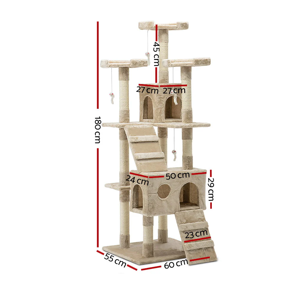 Cat Tree 180cm Trees Scratching Post Scratcher Tower Condo House Furniture Wood - Beige - Nurns
