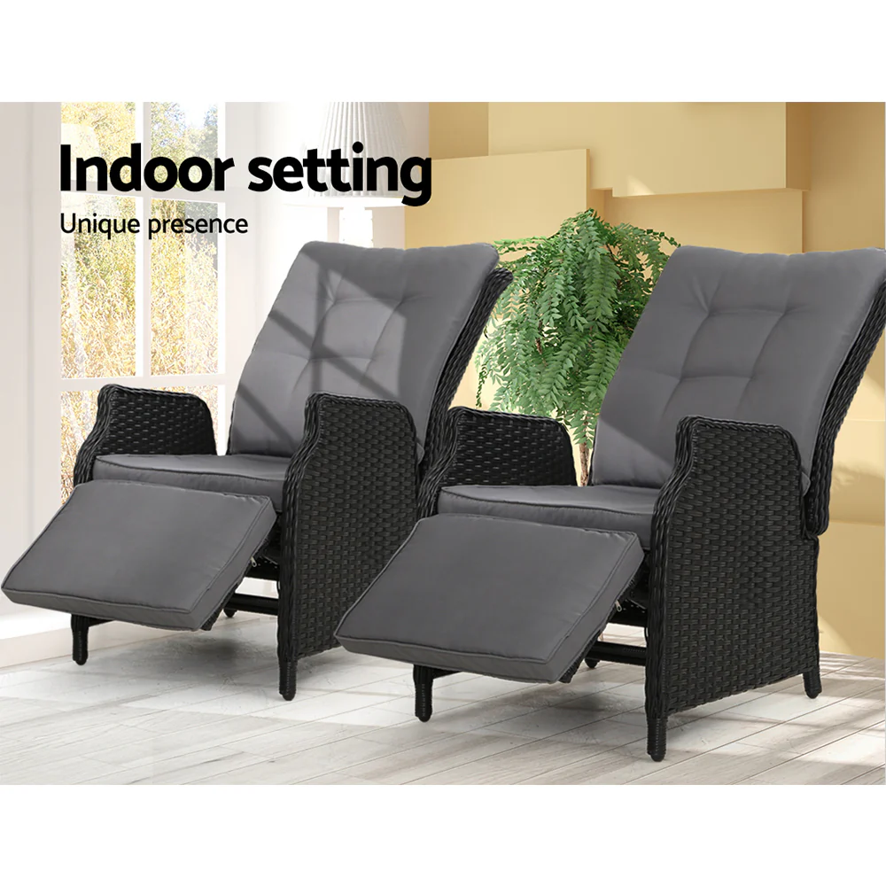 Moore Set of 2 Recliner Chairs Setting Outdoor Furniture Patio Wicker Sofa - Black - Nurns