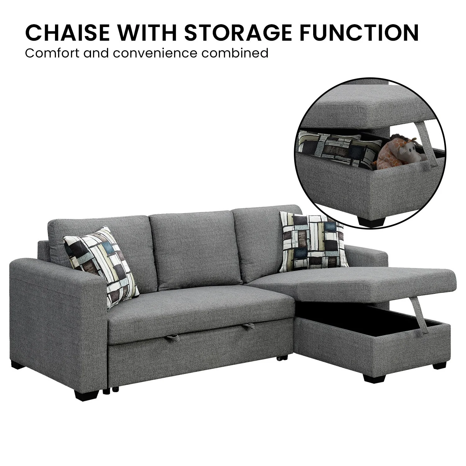 Meshi 3-Seater Pullout Sofa Bed with Storage Chaise Lounge - Grey - Nurns