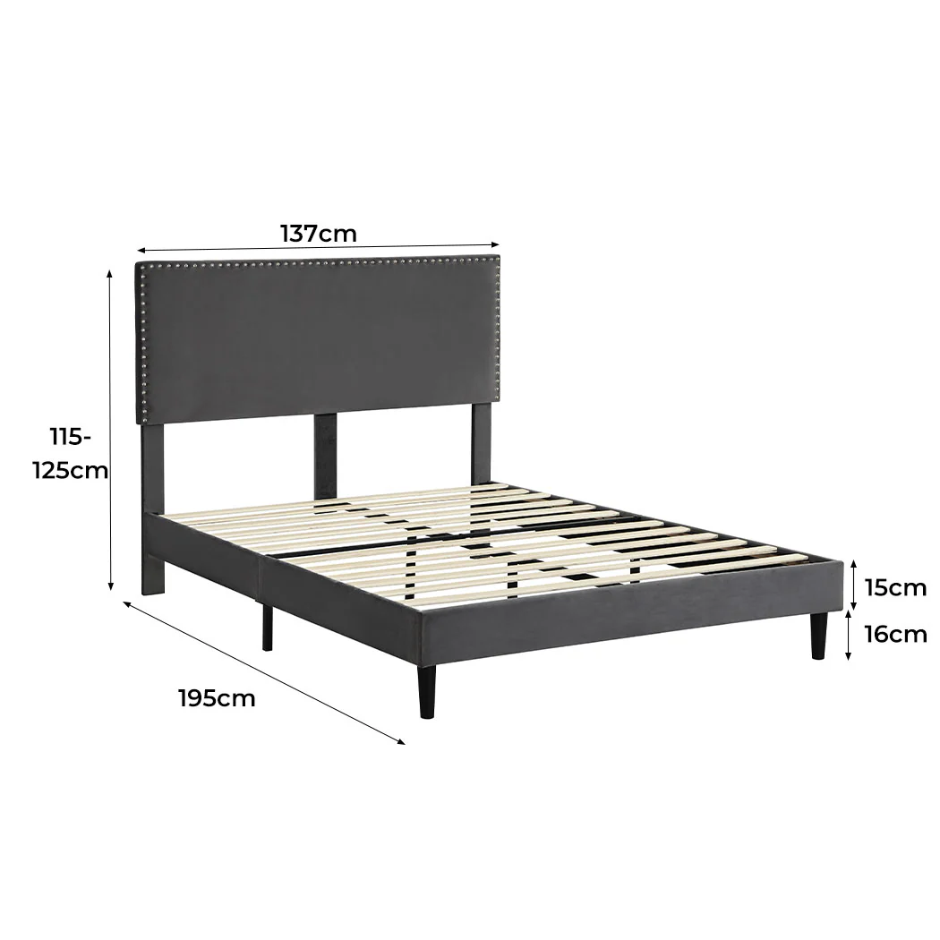 Velsen Bed Frame Base Platform Wooden Velvet with Headboard Grey - Double - Nurns