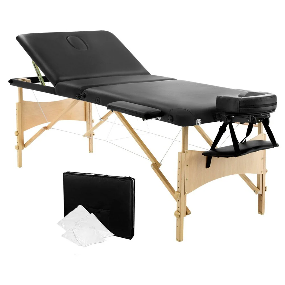 Massage Table 70cm 3 Fold Wooden Portable Beauty Therapy Bed Waxing Black - Nurns