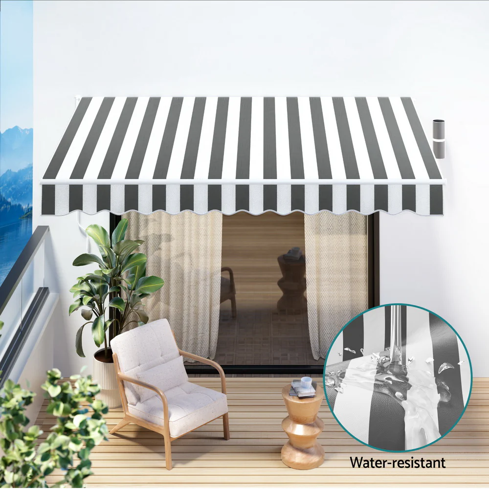 Instahut Retractable Folding Arm Awning Manual Sunshade 3Mx2.5M Grey White - Nurns