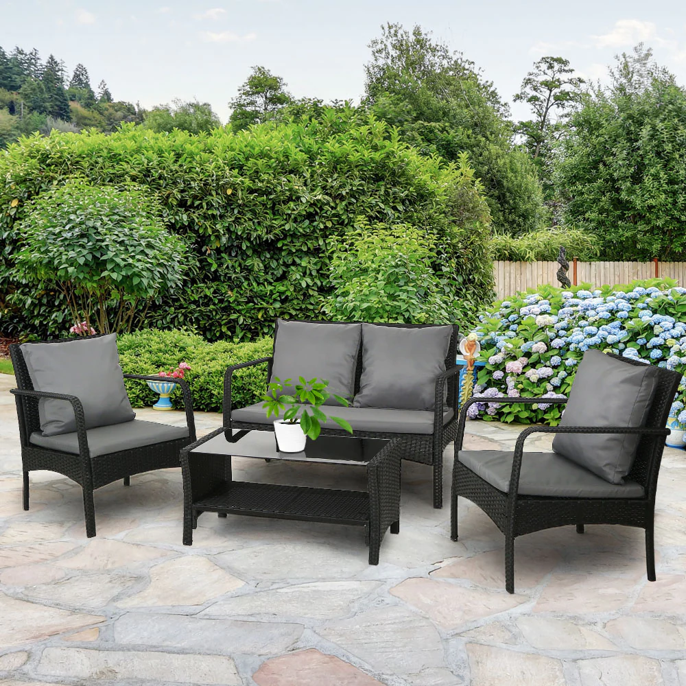 Camborne 4-Seater Furniture Lounge Wicker 4-Piece Outdoor Sofa - Black - Nurns
