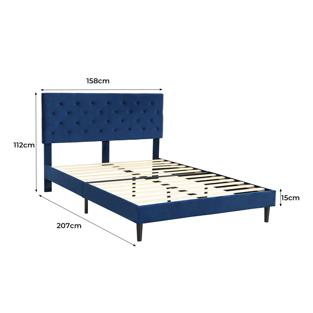 Assen Bed Frame Base Platform Wooden Velvet with Headboard Blue - Queen - Nurns