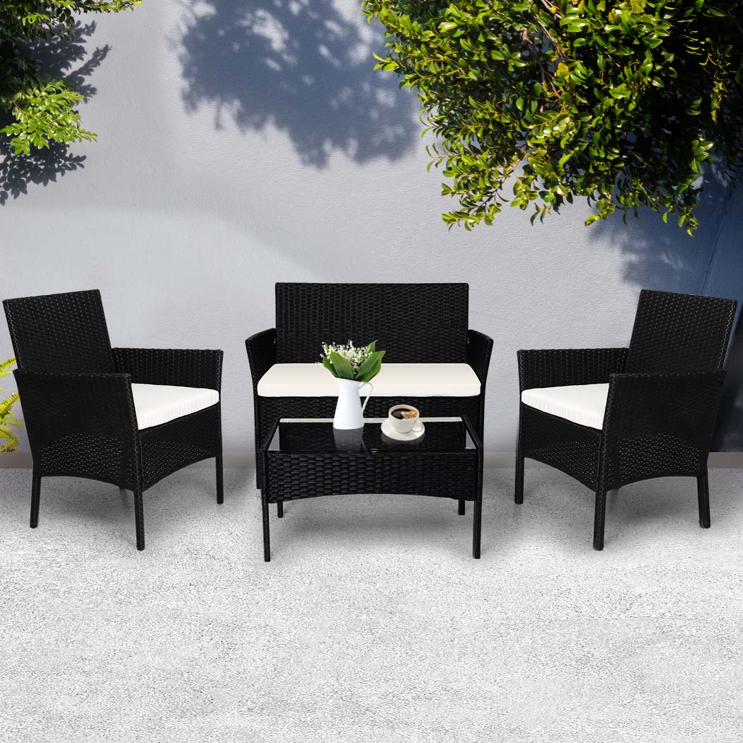 Marcel 4-Seater Furniture Patio Garden Table Chairs Wicker Seat 4-Piece Outdoor Setting - Wood - Nurns