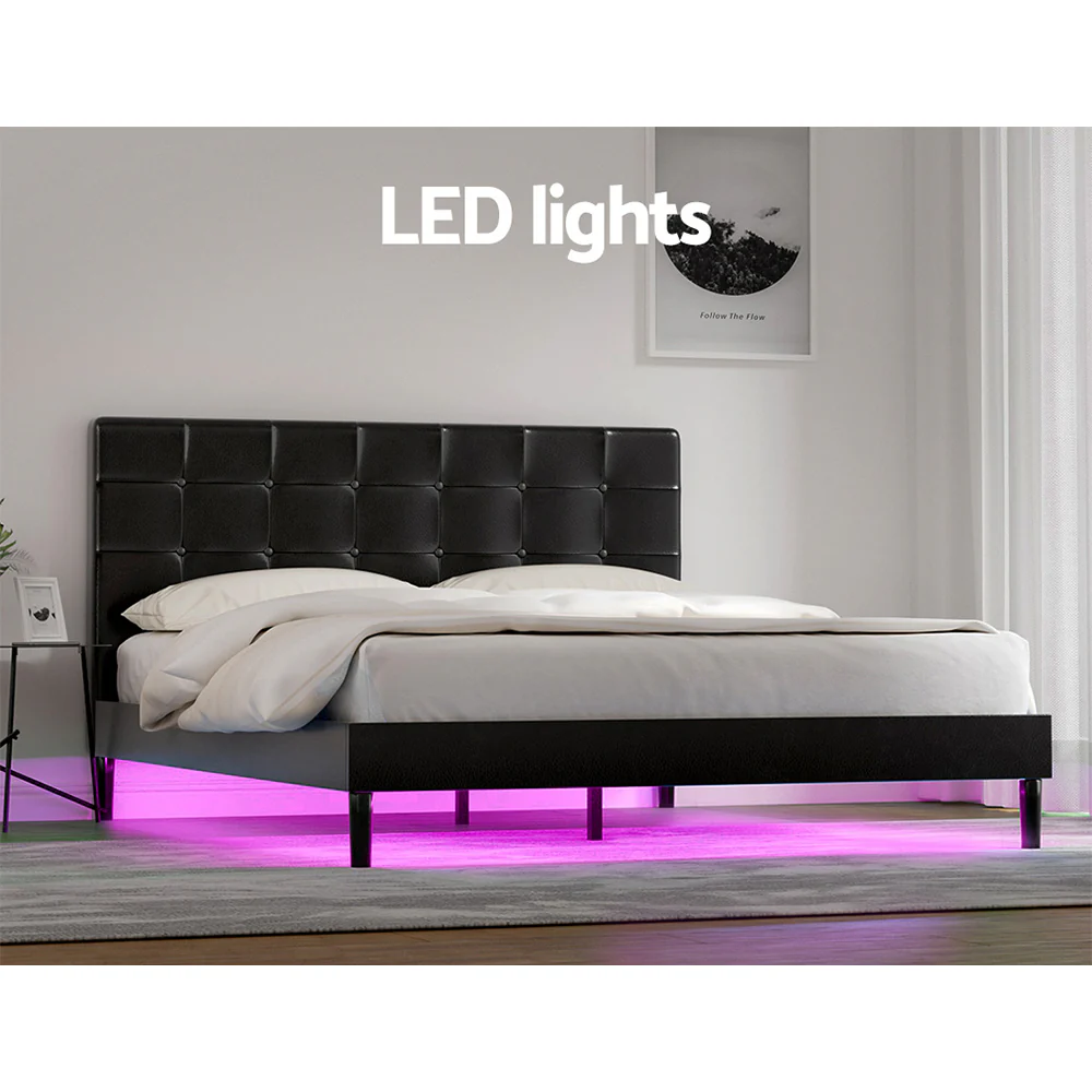 Eloise Bed Frame Base with LED Lights Charge Ports Leather - Black Queen - Nurns