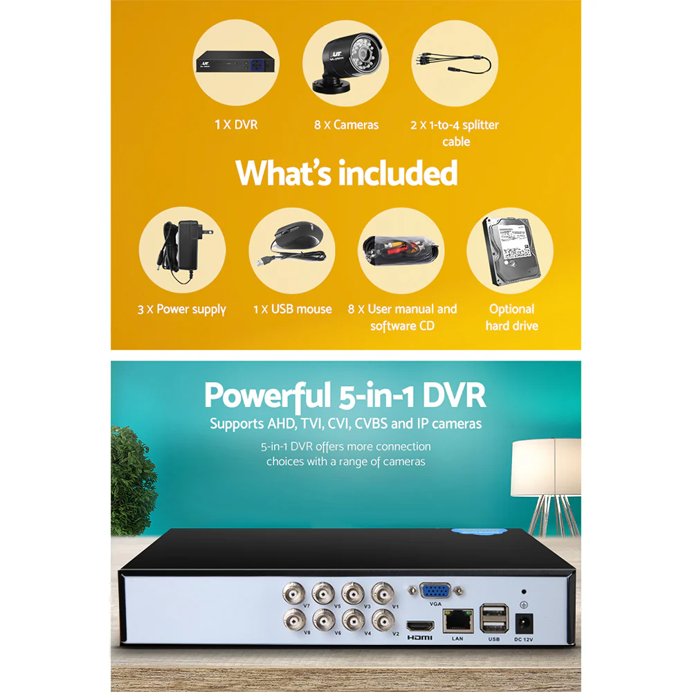 CCTV Security System 8CH DVR 8 Cameras 2TB Hard Drive - Nurns