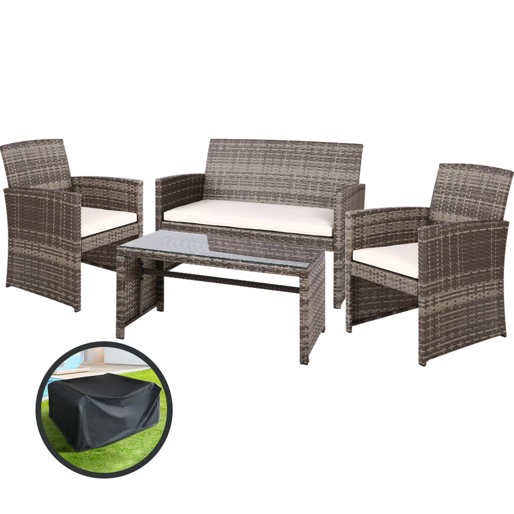 Slough 4-Seater Rattan Chair Furniture 4-Piece Outdoor Sofa Set with Storage Cover - Grey - Nurns