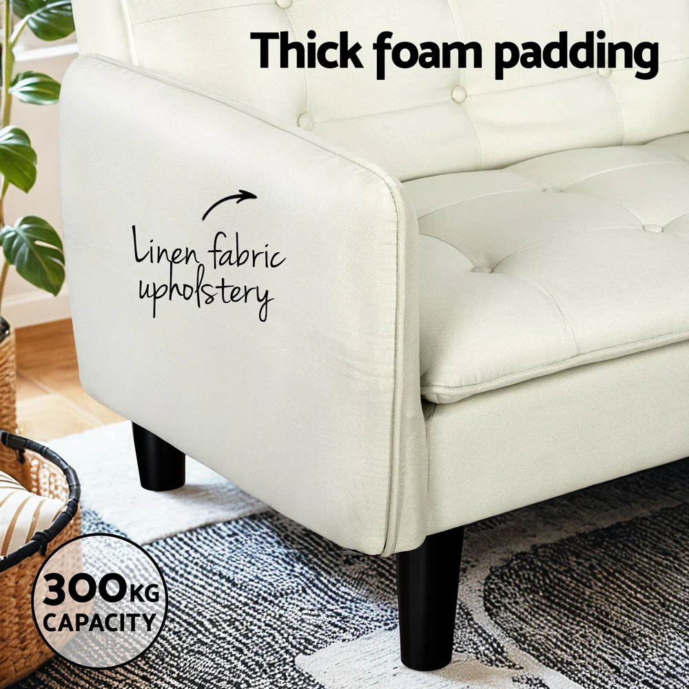 Marlee 3-Seater Sofa Bed Tufted Faux Linen - Beige - Nurns