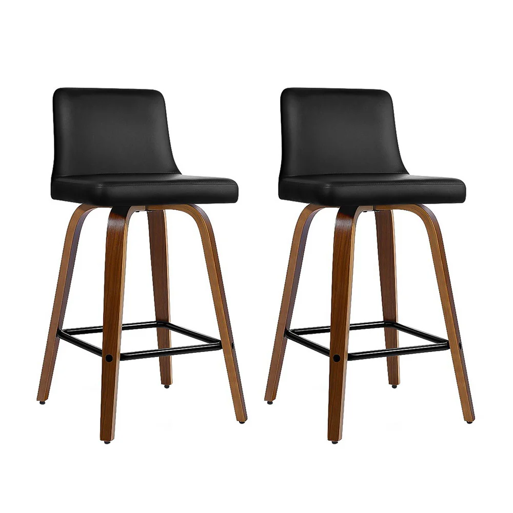 Set of 2 Florina Wooden PU Leather Bar Stool Wood Legs - Black & Brown - Nurns