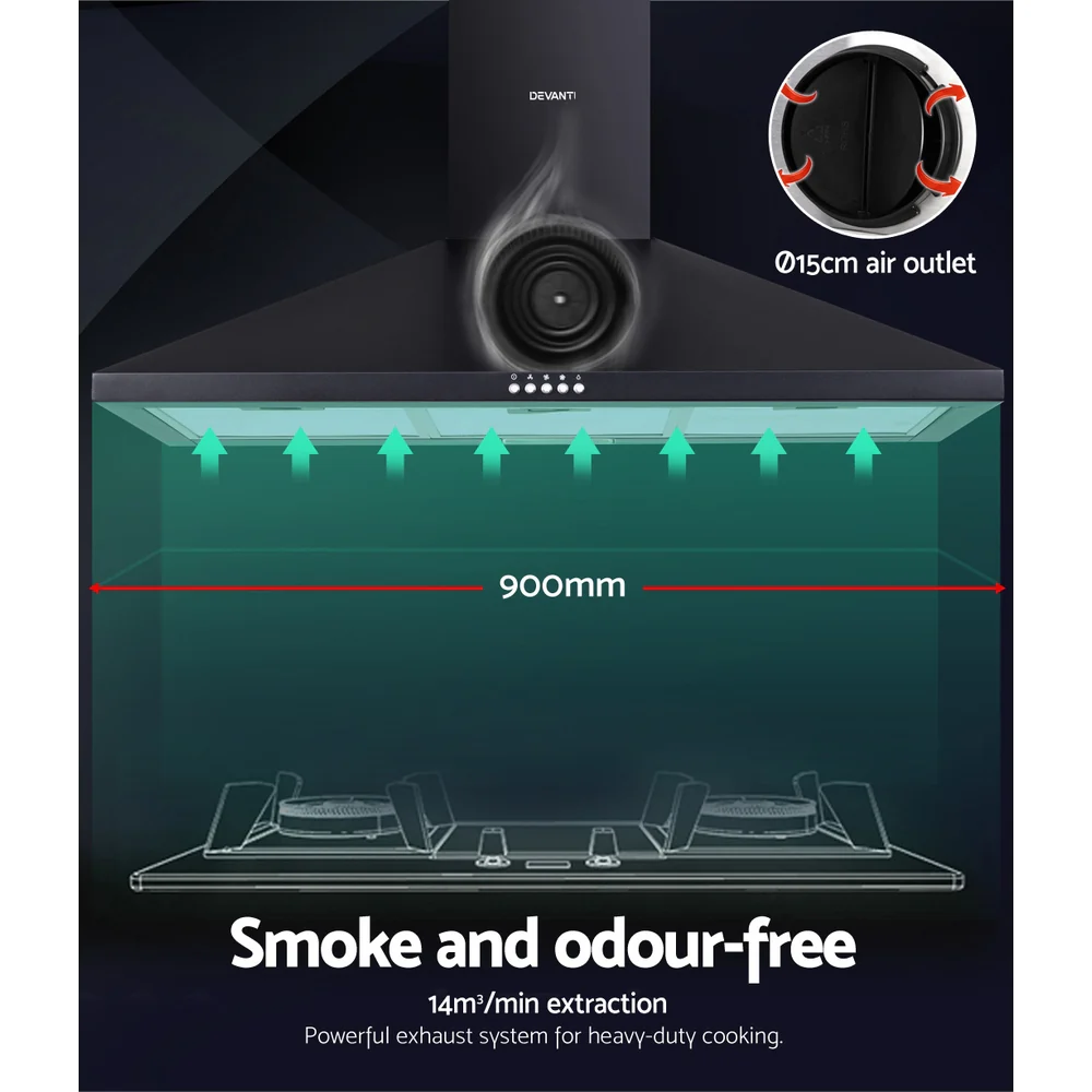 Devanti 900mm Range Hood 90cm Rangehood Black - Nurns