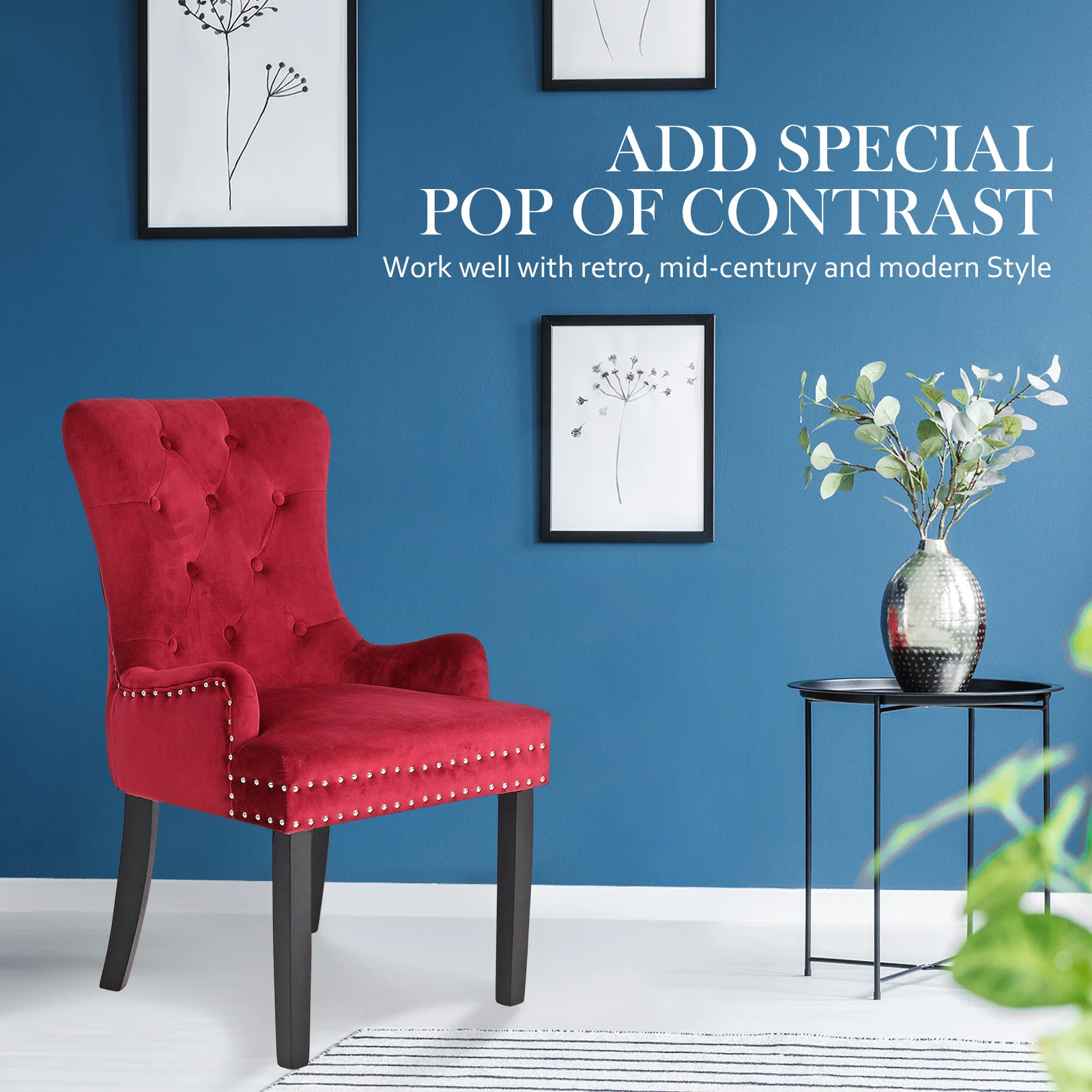 Arabella Set of 4 French Provincial Dining Chair Ring Studded Velvet Rubberwood Leg - Bordeaux Red - Nurns