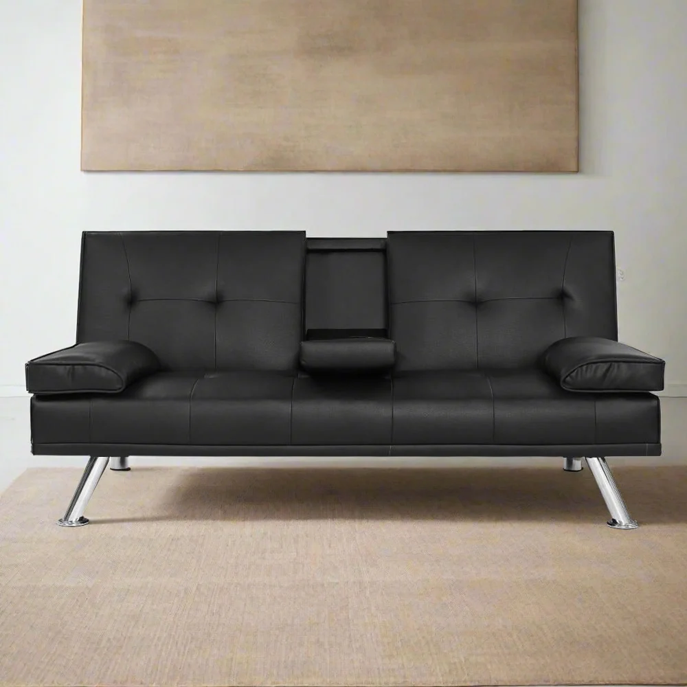 Madaline 2-Seater Leather Cup Holder Futon Sofa Bed Lounge Couch - Black - Nurns