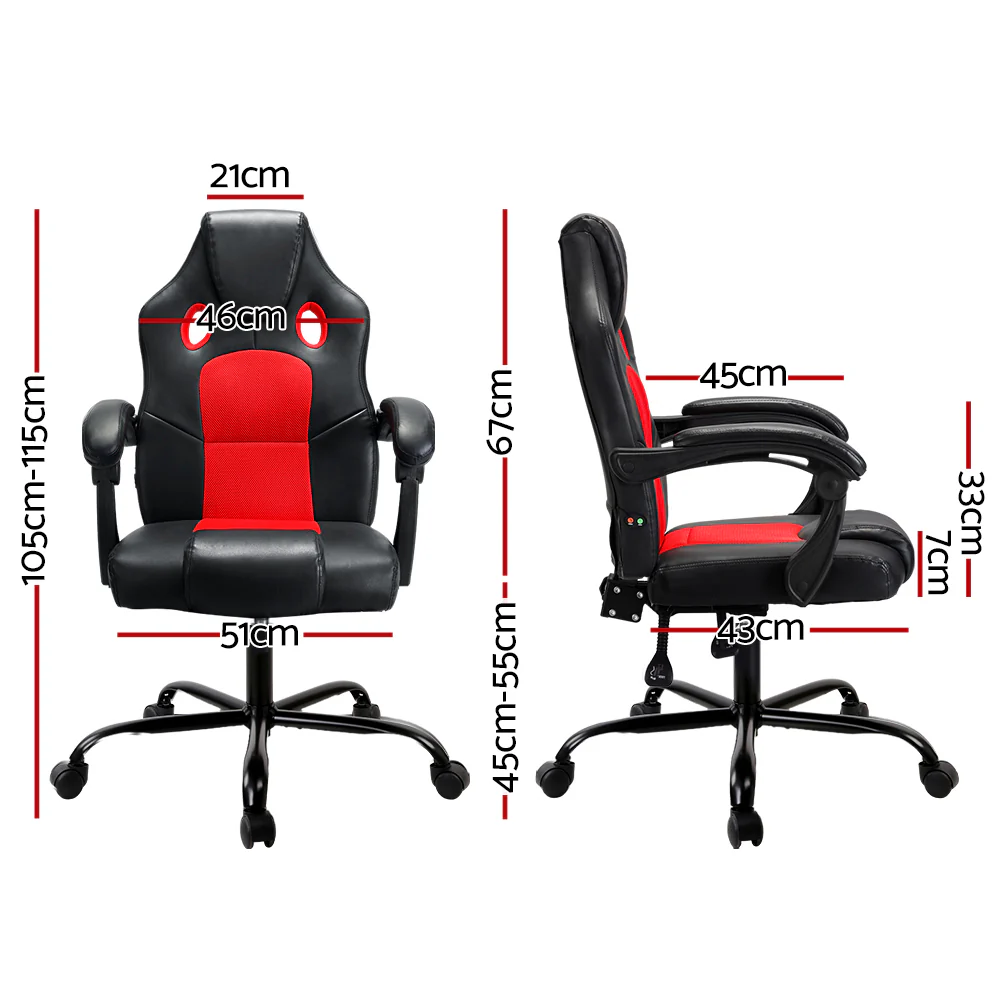 Artiss 2 Point Massage Gaming Office Chair Pu Leather Red - Nurns