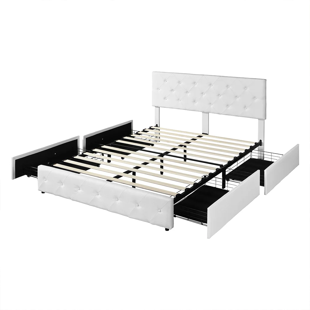 Emilia Bed Frame Tufted 4 Drawer - Cream Queen - Nurns