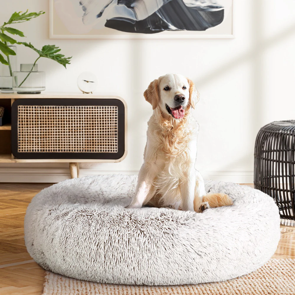 LARGE Dog Beds Pet 90cm Calming Soft Plush - White Brown - Nurns